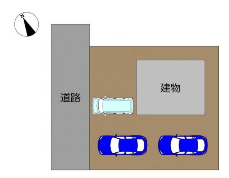 敷地図です。普通車は縦列2台、道路側に1台駐車可能です。