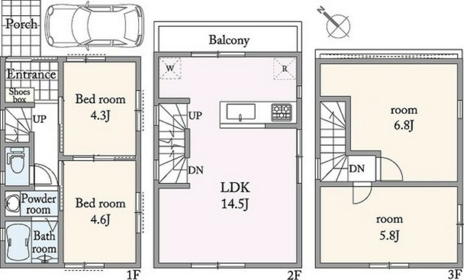 3階部分の2部屋も通常のお部屋と同様に使用ができる為、ゆとりのある間取りです