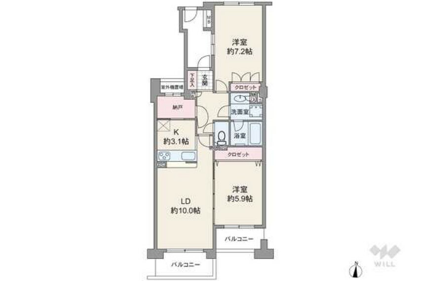 間取りは専有面積61.97平米の2LDK。個室は2部屋とも洋室仕様で、バルコニー側の洋室はLDKとつなげて使うことができます。
