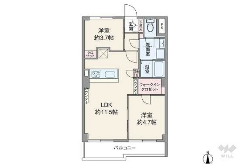 間取りは専有面積44.83平米の2LDK。室内廊下が短く居住スペースを広く確保したプラン。全居室洋室仕様で、LDKと1部屋が続き間になっています。全居室に窓あり。バルコニー面積は4.85平米です。