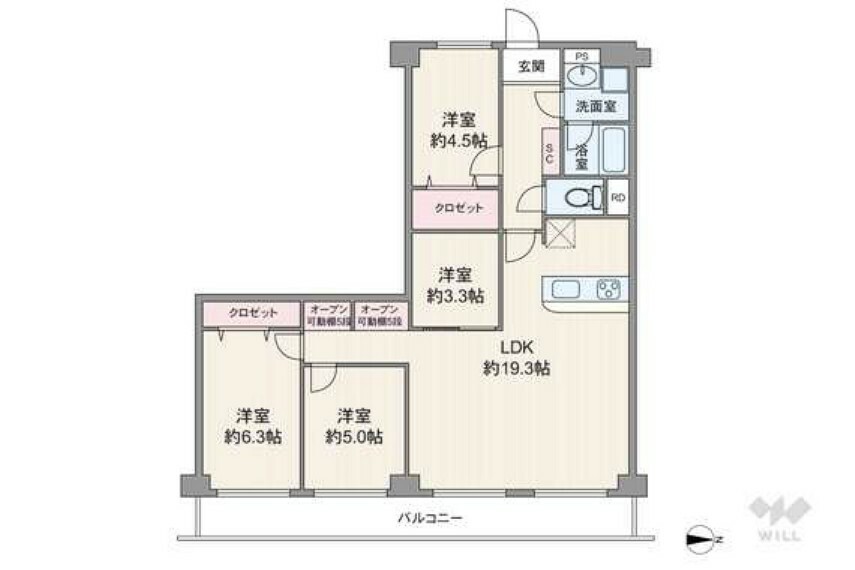 間取りは専有面積86.56平米の4LDK。全居室洋室仕様のプラン。LDKを含む居室3部屋がバルコニーに面し開放感があります（バルコニー面積12.96平米）。