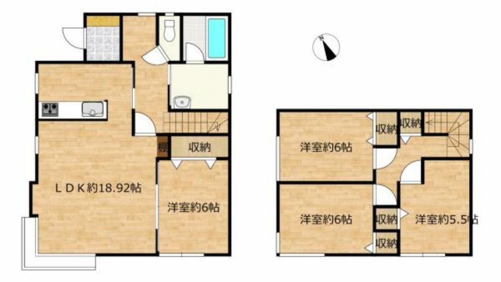 【間取り図】間取りは4LDKの二階建てです。1階に洋室1部屋、2階は洋室3部屋となっております。各居室収納スペース付きなのでお部屋を広くお使いいただけるお家です。