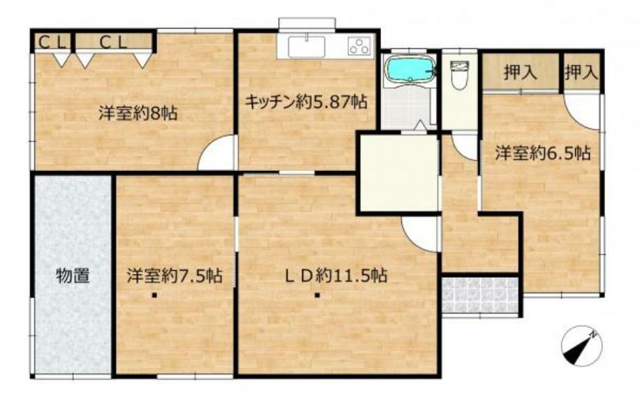 【間取図】3SLDKの平家住宅です。各部屋ゆとりのある広さで、家具の配置にも困りません。