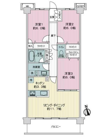 パレステージ松戸上本郷(3LDK) 3階の間取り図