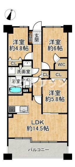 南向き3LDKのお部屋です。 リビング横に洋室が隣接していて、ゆったりとくつろぎいただけます。 各居室大容量収納、水回りにも収納が確保されているので、 室内をきれいな状態に保つことができます。