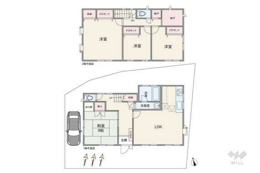 延べ床面積122.15平米の4LDKで各室収納があるため居室としても使いやすい間取となっております。