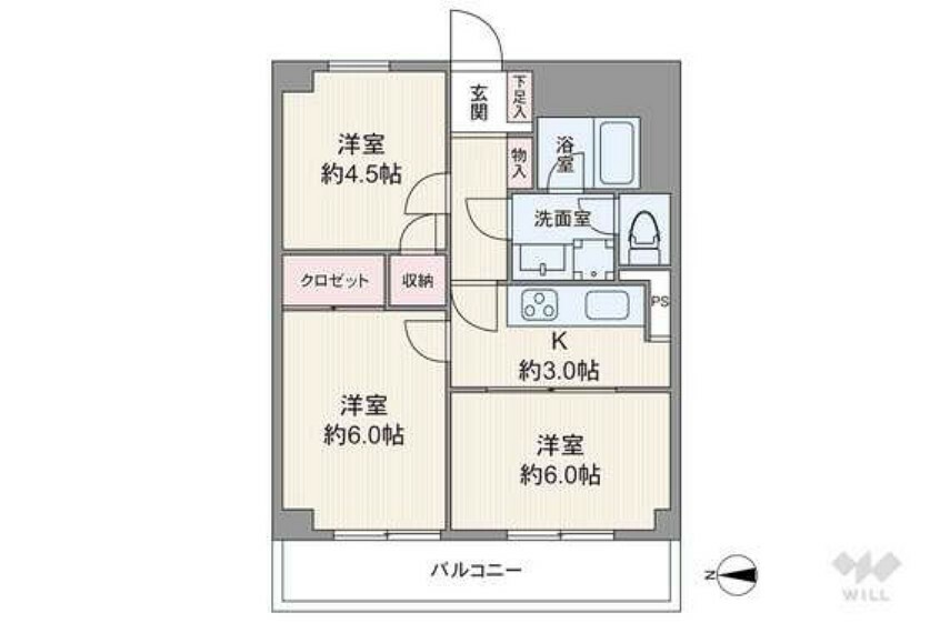 間取りは専有面積47.25平米の3K。全居室洋室仕様のプラン。キッチンと続き間の洋室3帖を繋げて約9帖のダイニング・キッチンとしても使えます。