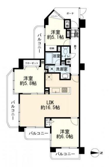 オセアン戸塚皇谷台ヒルトップ21(3LDK) 6階の間取り図