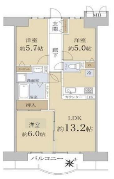 ロイヤルコート豊中参番館(3LDK) 9階の間取り図