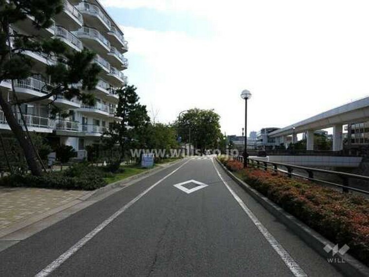 敷地西側の前面道路。道を挟んで、住吉川が流れています。