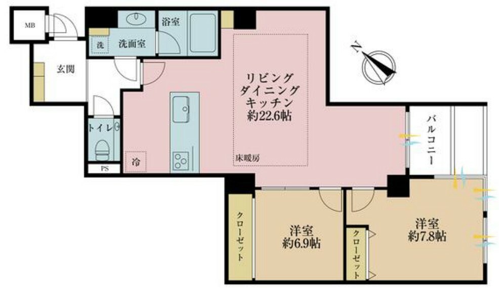 2LDK、専有面積77.25平米、バルコニー面積5.64平米