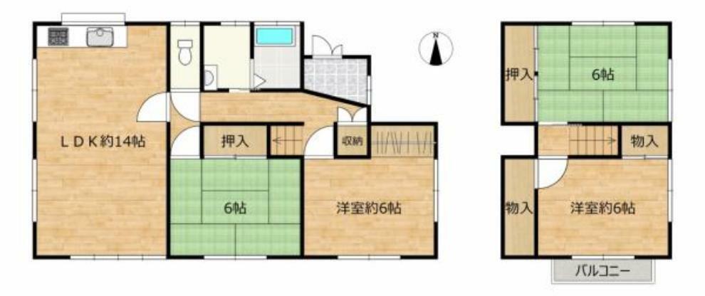 【間取り図】1階に約14帖のリビングと洋室、和室、2階に洋室、和室を備える4LDKの間取りにリフォームいたします。