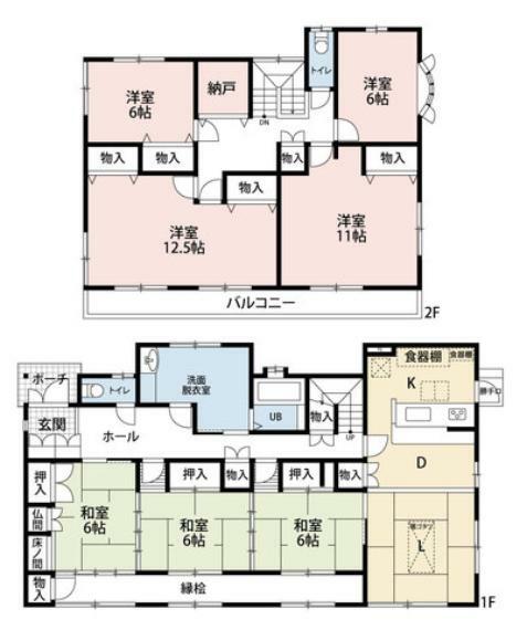 LDKの他に、和室3部屋・洋室4部屋・独立納戸がついた7LDK。縁側や、勝手口、各所収納スペースも豊富な間取りです。
