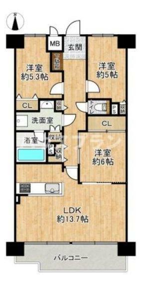 南向きに面した3LDKのお部屋です。 7階建てマンションの6階部分のため、陽当たり・風通し・眺望が良い環境です。 収納箇所を豊富に取り入れた間取りのため、室内をきれいな状態に保つことができますね。