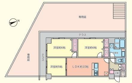 3LDK（LDK10帖、洋室6帖×2、洋室5帖）約60平米の専用庭付き