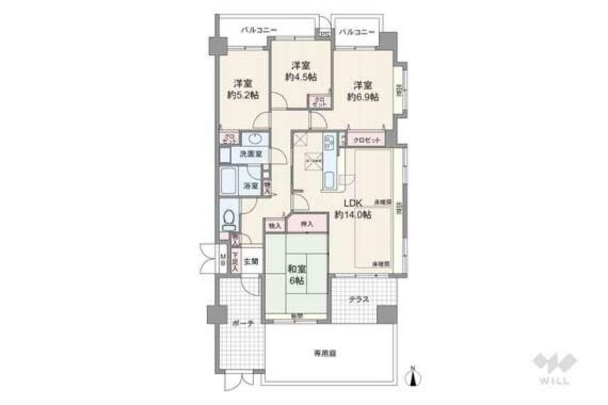 4LDK、専有面積84.17平米、1階の四方角部屋です。広々としたテラス・専用庭付き。戸建感覚でお住まいいただけます。