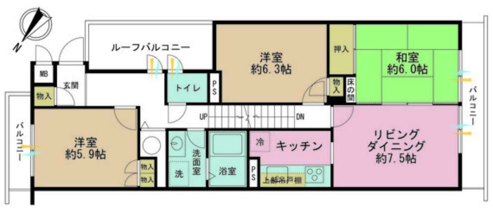コスモ綱島台2号館(3LDK) 4階の間取り図