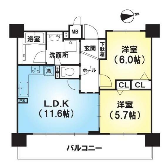 エスリード京都山科セミリア(2LDK) 2階の間取り図