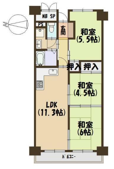 八戸ノ里第三ガーデンハイツB棟(3LDK) 6階の間取り図