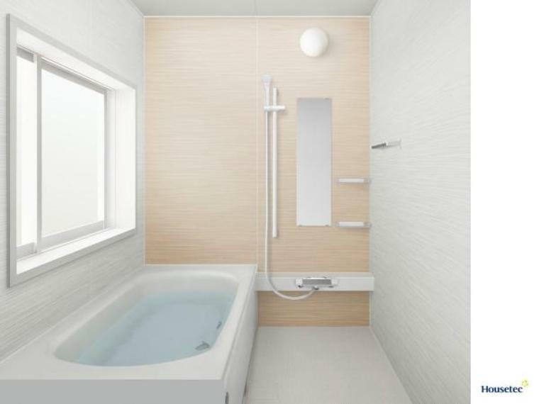 （同仕様写真）浴室は ハウステック製の1坪タイプ、新品のユニットバスに交換します。床材は溝がついてぬれていても、すべりにくい構造になっていますので、お子様やご年配のかたの入浴時も安心ですね。