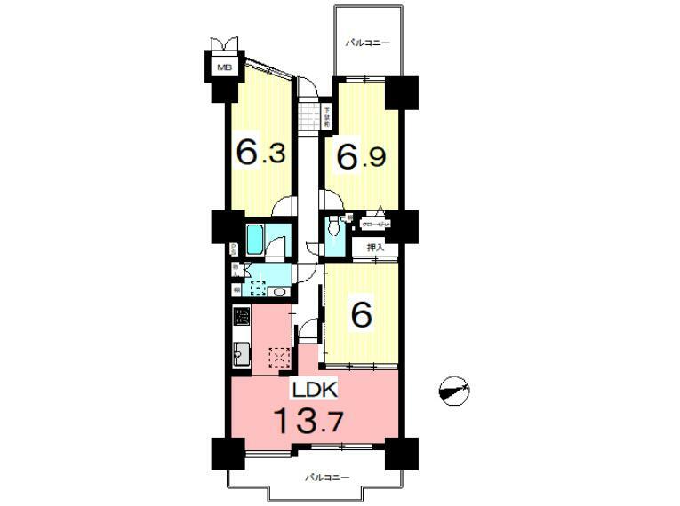 星ヶ丘スカイマンション(3LDK) 3階の間取り図