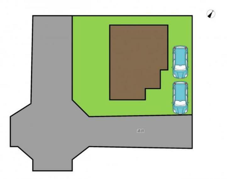 【区画図】南東角地にございます住宅ですので日当たりがよく嬉しいですね。駐車場は縦列で2台お停め可能です。この辺りはお車での生活が多いため2台駐車は嬉しいポイントです。