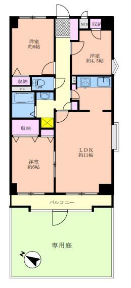 武蔵野拝島ハイツ(3LDK) 1階の間取り図