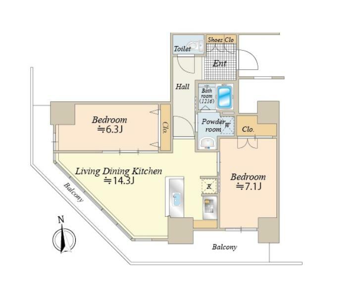 南西角住戸。専有面積63.40平米。全居室がバルコニーに面する明るく風通しの良い住戸。新築時の間取（和室あり）を全室フローリングにリフォームしています。