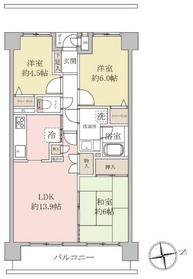 専有面積67.12平米の3LDK。各居室に収納スペース付きで住空間もスッキリ広々。