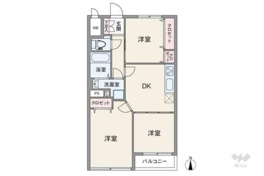 間取りは専有面積53.45平米の3DK。全居室洋室仕様のプラン。DKと個室1室が続き間で、間仕切りを開放してLDKとして使うことも出来ます。
