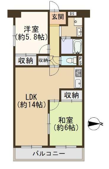 第一シャトー八戸ノ里(2LDK) 5階の間取り図