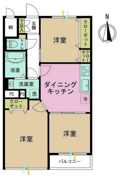 赤堤明穂マンション(3DK) 3階の間取り図