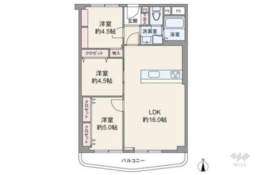 間取りは専有面積66.66平米の3LDK。全部屋洋室仕様のプラン。LDKと洋室1部屋が続き間で、扉を開放して広々使用することも可能。室内廊下が短く、居住スペースを優先した造りです。