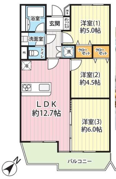 第一磯子ハイツ(3LDK) 7階の間取り図