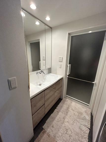 収納スペースも兼ね備えたシャワー水栓付洗面化粧台。<BR/><BR/>※売主様居住中によりプライバシー保護の為画像の一部を加工しています。調度品・家具・電気製品等は価格に含みません。