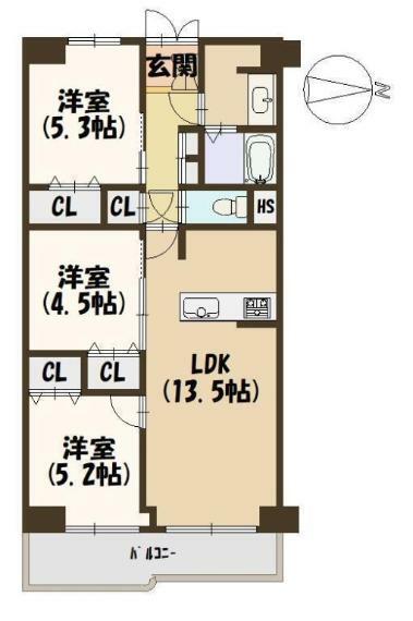 八戸ノ里スカイハイツ(3LDK) 5階の間取り図