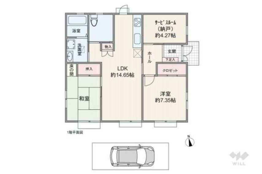 間取りは延床面積74.06平米（車庫面積約13.44平米含む）の2SLDK。水回りが近くに集まった家事動線に優れたプラン。キッチンにはゴミ出しなどに便利な勝手口が設けられています。