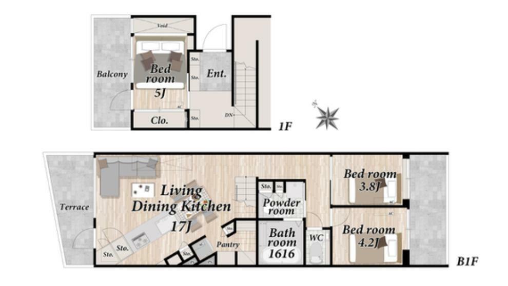 戸建て感覚で住める1階、地下1階部分メゾネットタイプのお部屋