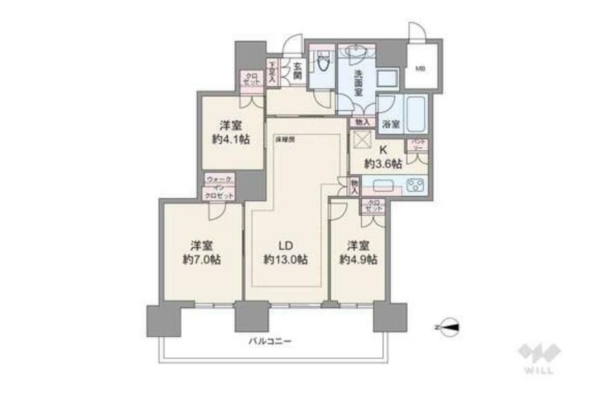 LDKを含む居室3部屋がバルコニーに面したワイドスパンのプラン。LDと洋室約7.0帖は続き間になっており、引き戸を開放して約20帖の広々としたリビングスペースとしても使用出来ます。