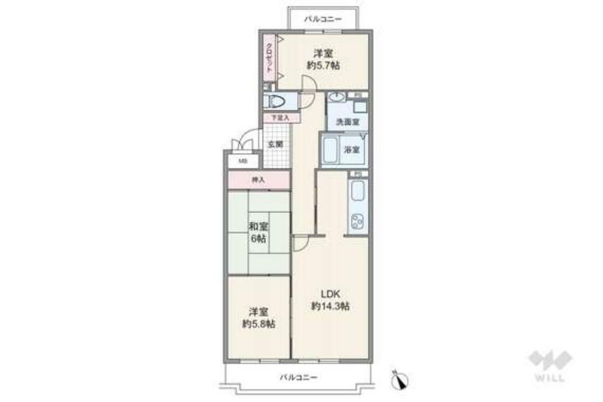 間取りは専有面積76.32平米の3LDK。両面にバルコニーがある、センターインのプラン。キッチンは生活感が伝わりにくい独立型で、LDと室内廊下の2か所から出入りができます。