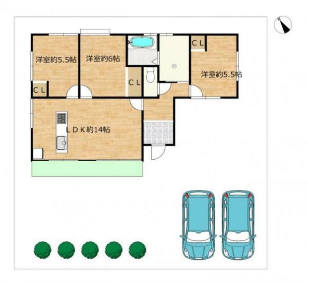 【敷地配置図】当住宅の敷地イメージです。南西側にお庭があります。駐車場は普通車並列2台駐車可能です。