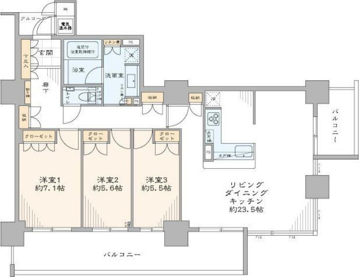 大阪福島タワー(3LDK) 35階の間取り図
