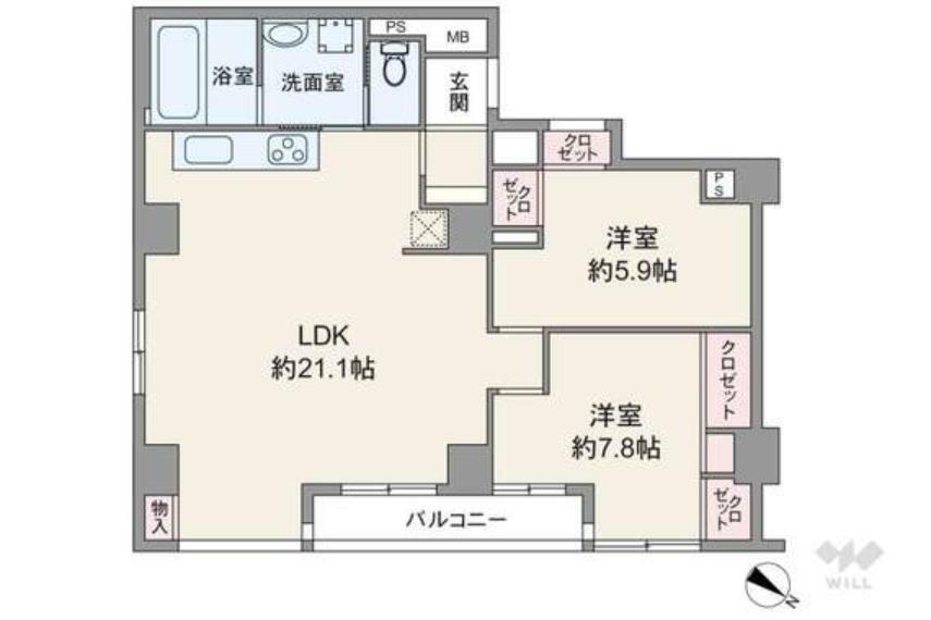 間取りは専有面積79.87平米の2LDK。室内廊下が短く居住スペースを広く確保したプラン。LDKは21.1帖の広さがあり、2面採光を確保しています。