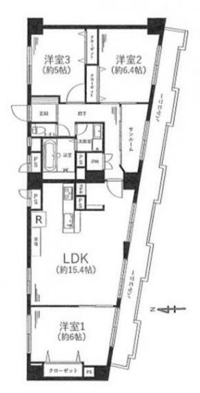 奈良三条ハイツ(3LDK) 6階の間取り図