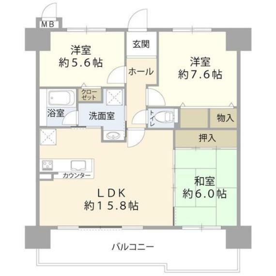 LDK約15.8帖/洋室約7.6帖/和室約6帖/洋室約5.6帖/洗面/浴室/トイレ/バルコニー