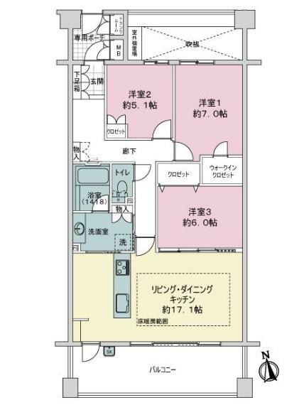 プラネスーペリア甲子園一番町(3LDK) 3階の間取り図
