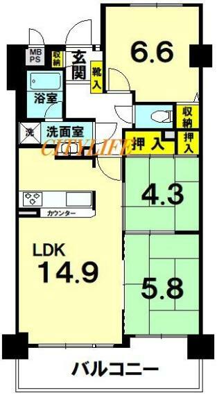 ライオンズマンション山科小野(3LDK) 1階の間取り図