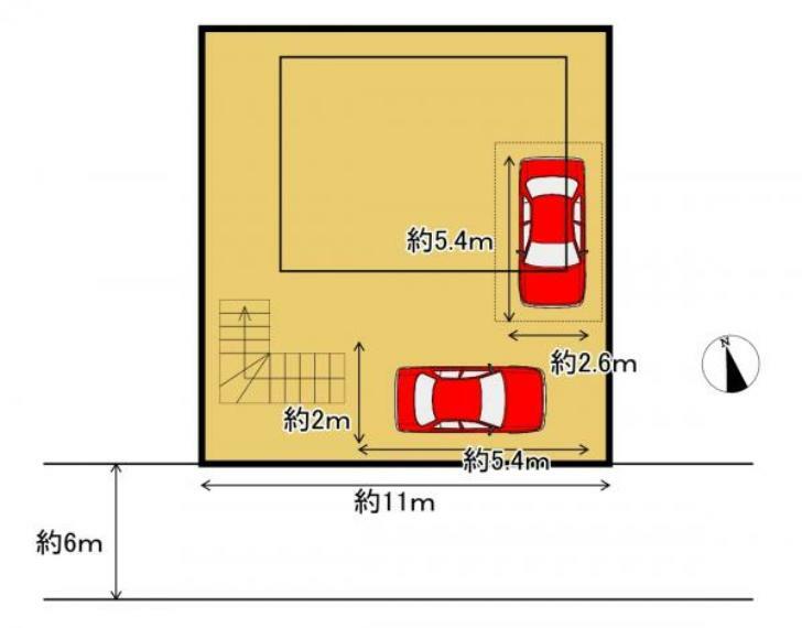 【区画図】前面道路は約6mあり、スムーズに駐車ができます。シャッター付きのビルトインガレージとカースペースに普通車2台駐車可能です。