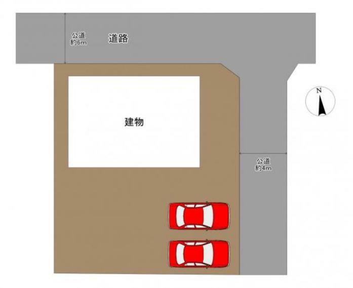 区画図。駐車並列2台可能です（車種による）。