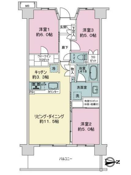 ファインシティ武蔵野富士見(3LDK) 5階の間取り図